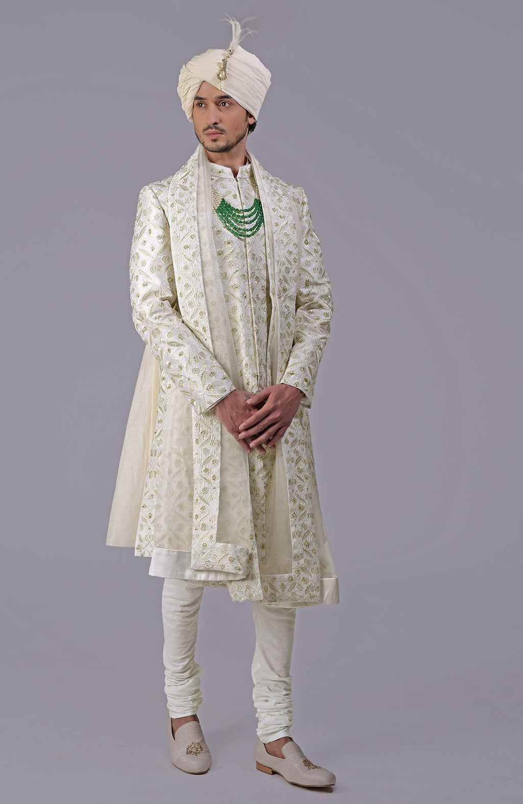 Ivory and gold sherwani with floral embroidery and silk organza dupatta in a 5-piece set