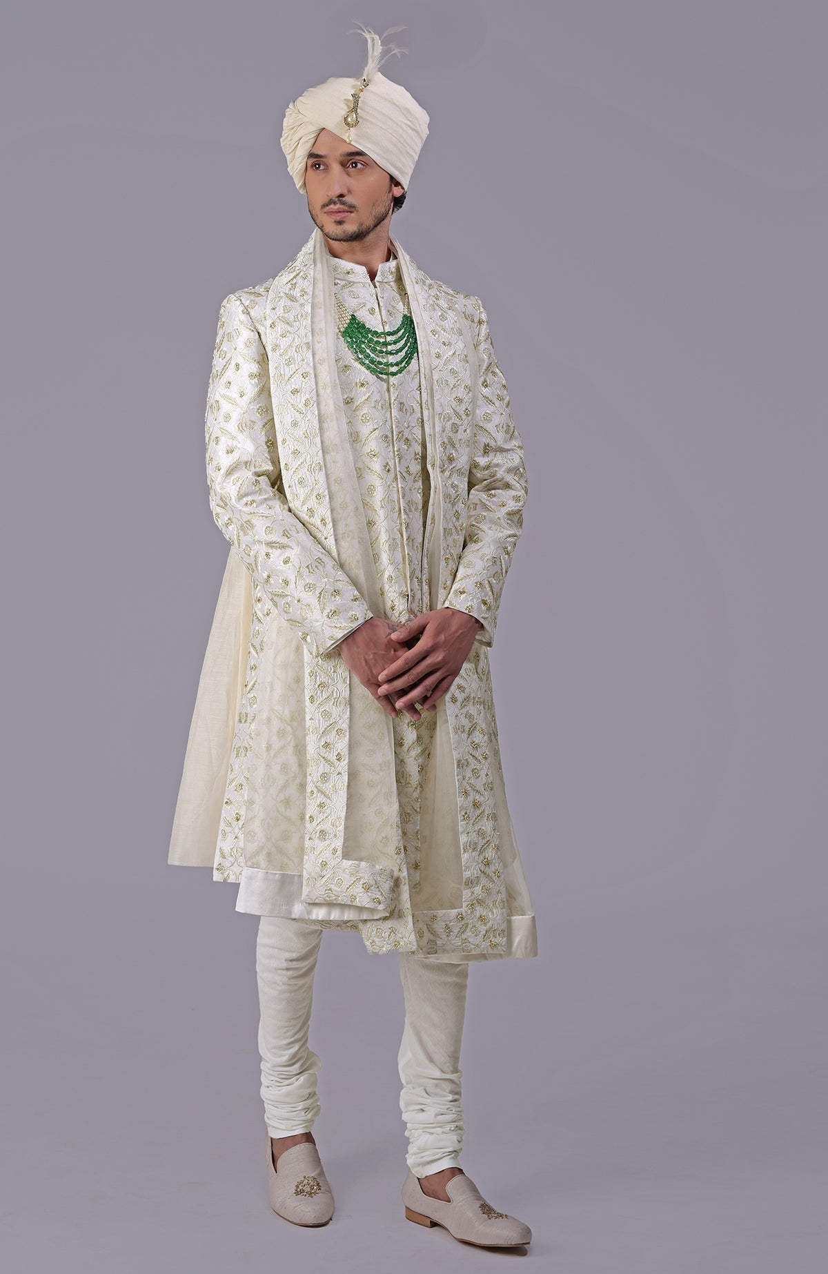 Ivory and gold sherwani with floral embroidery and silk organza dupatta in a 5-piece set