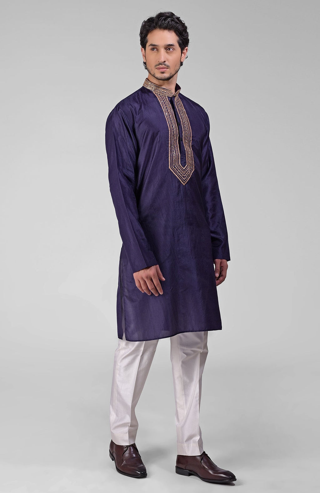Blue pure silk kurta set with hand embroidered zardozi, beadwork, sequins, and matching pants