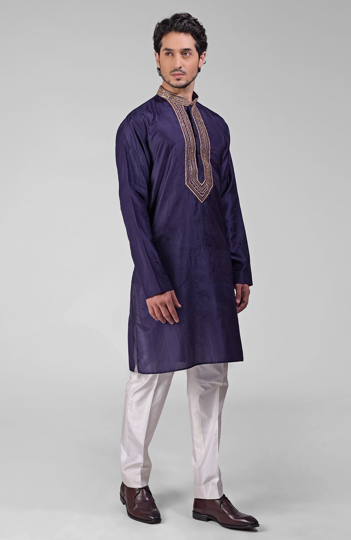 Blue pure silk kurta set with hand embroidered zardozi, beadwork, sequins, and matching pants
