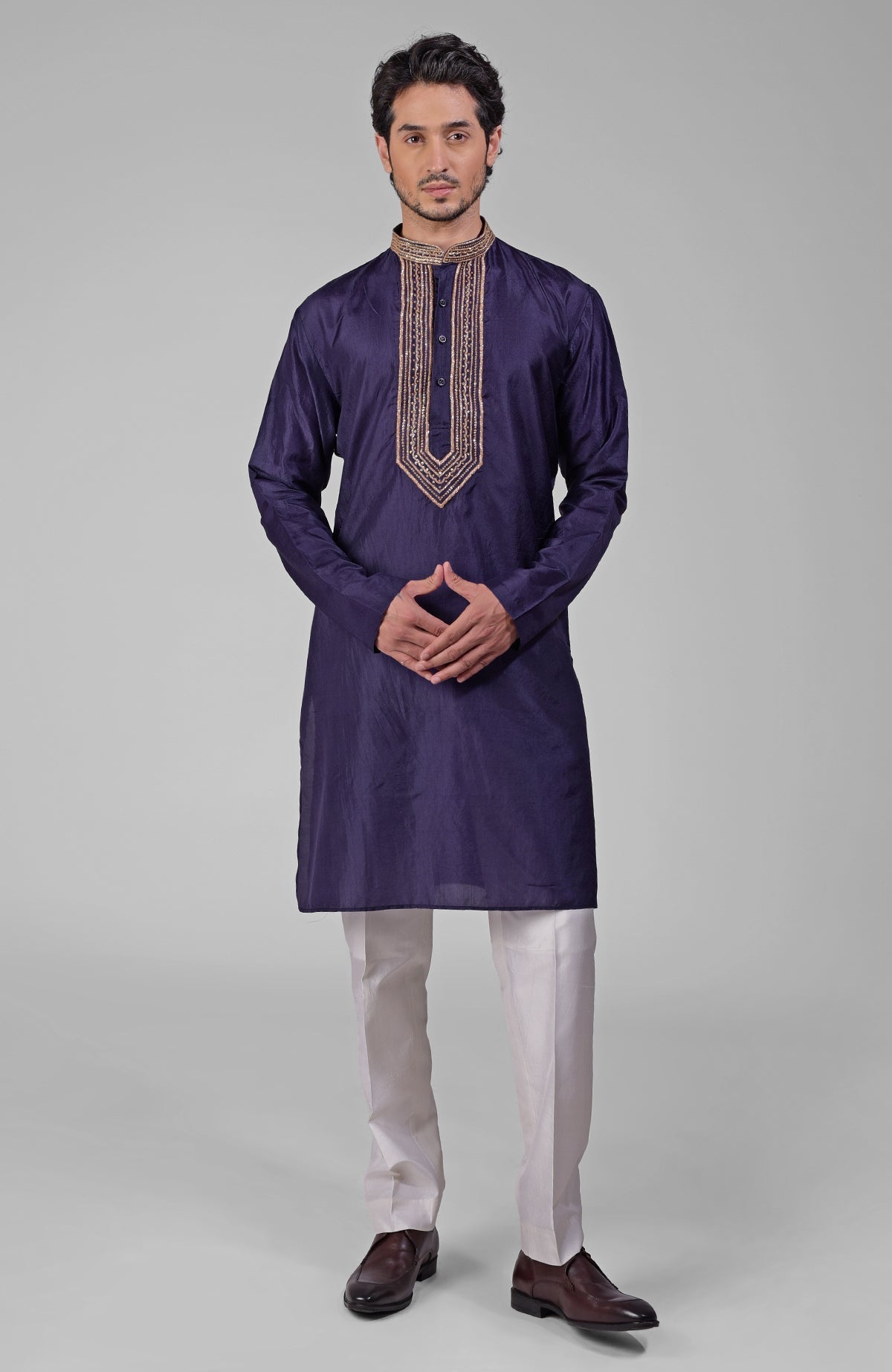 Blue pure silk kurta set with hand embroidered zardozi, beadwork, sequins, and matching pants.