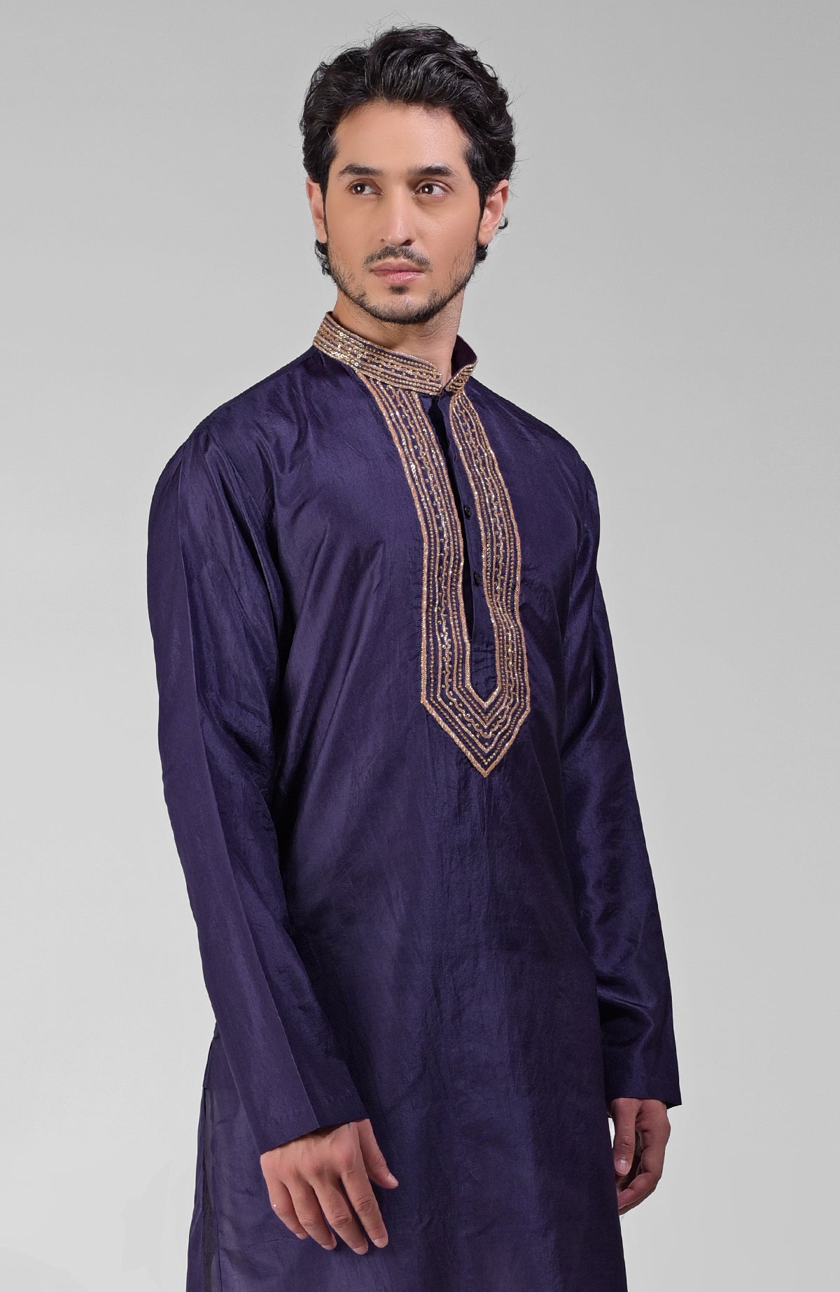 Blue pure silk kurta with gold zardozi hand embroidery on the placket and collar.