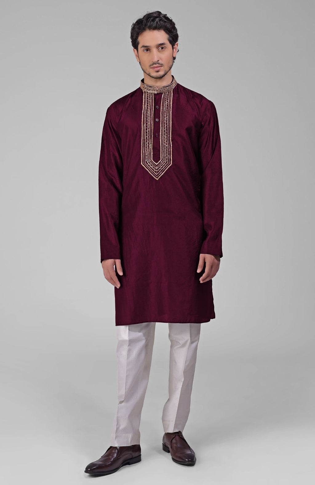 Maroon pure silk kurta set with hand embroidered zardozi, beadwork, and sequins on placket and collar