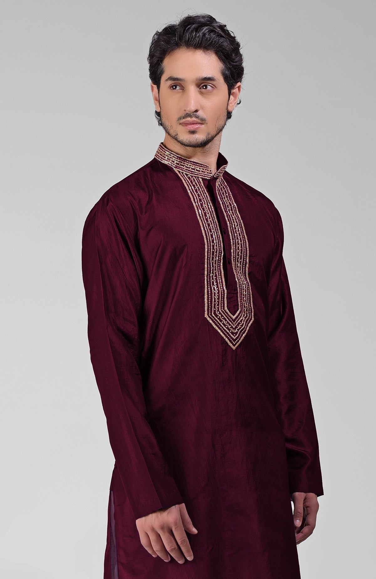 Maroon pure silk kurta set with hand embroidered zardozi, beadwork, sequins, and matching pants