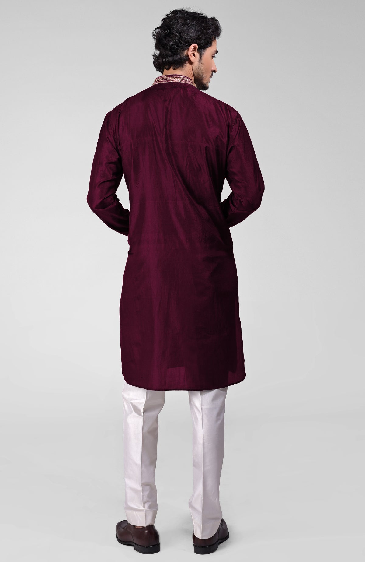 Maroon pure silk kurta set with hand embroidered zardozi, beadwork, sequins, and matching pants