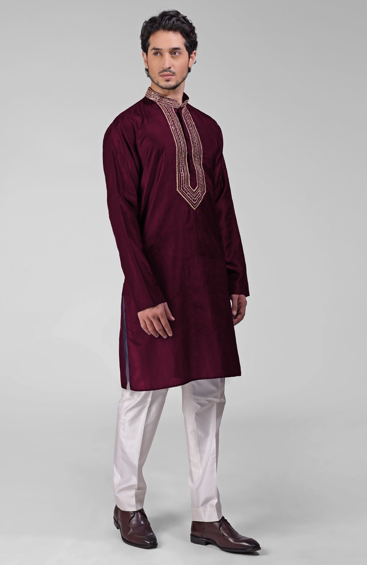 Maroon pure silk kurta set with hand embroidered zardozi, beadwork, and sequin accents