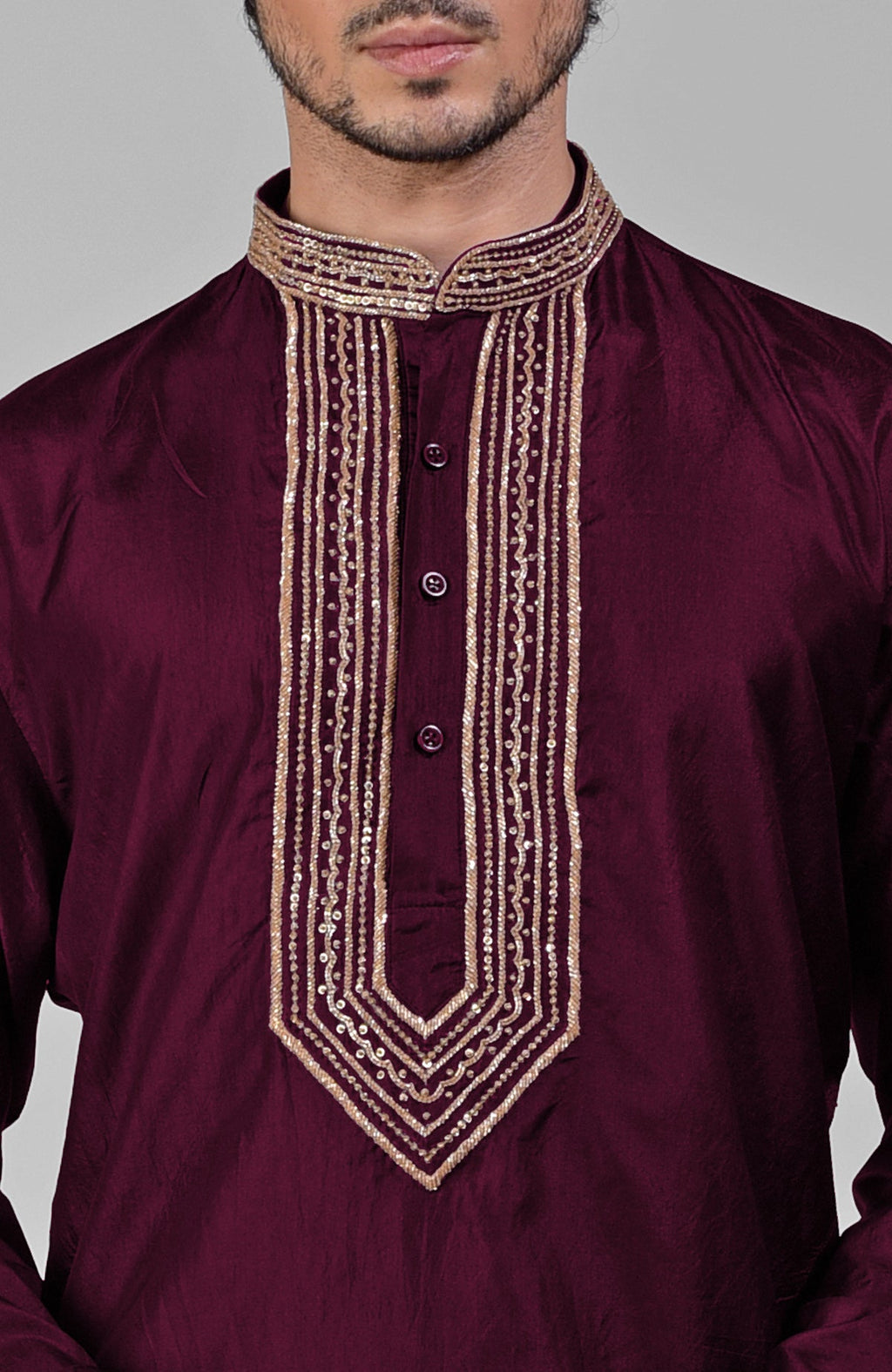 Maroon pure silk kurta set with hand embroidered zardozi, beadwork, sequins, and band collar.