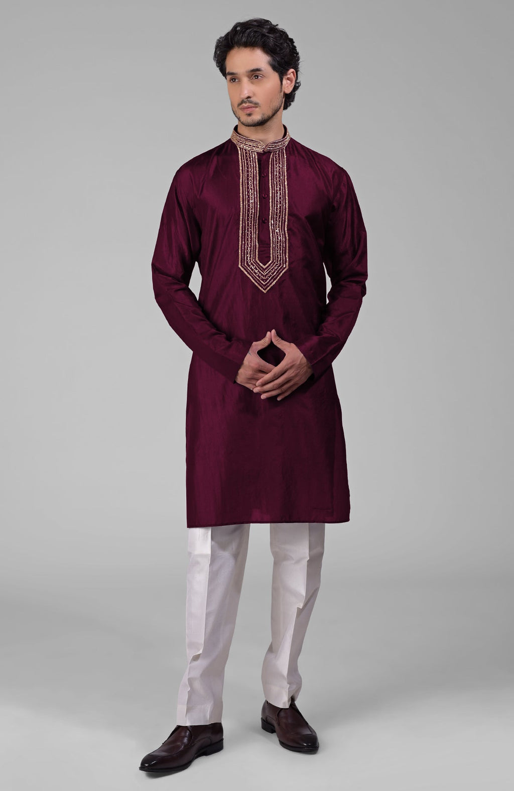 Maroon pure silk kurta set with hand embroidered zardozi, beadwork, and sequin accents