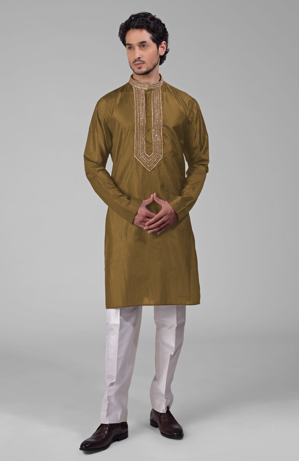 Red pure silk kurta set with hand embroidered zardozi, beadwork, sequins, and matching pants.
