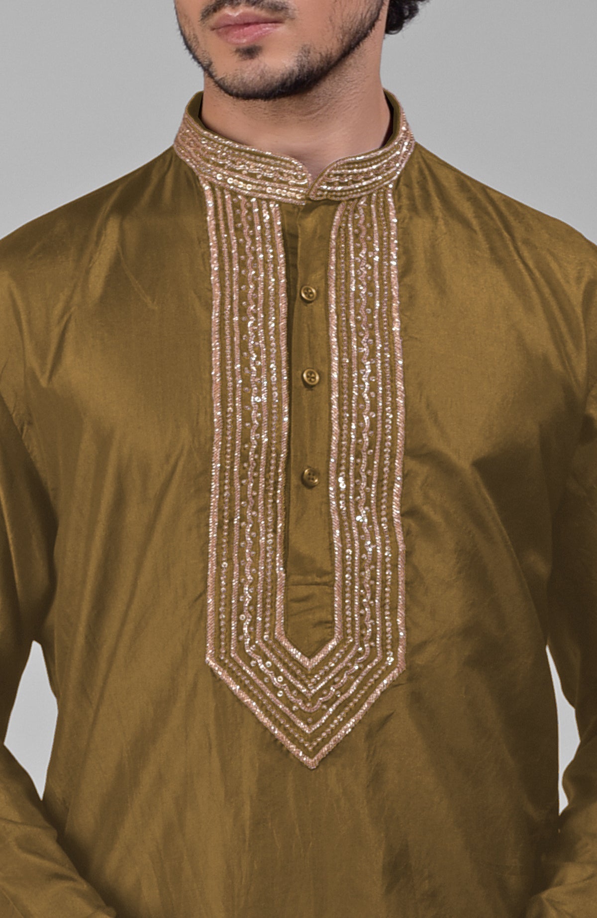 Olive pure silk kurta set with hand embroidered zardozi, beadwork, sequins, and matching pants