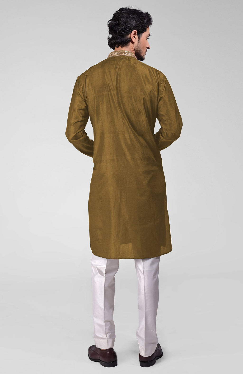 Olive silk kurta set with hand embroidered zardozi, beadwork, sequins, and matching pants