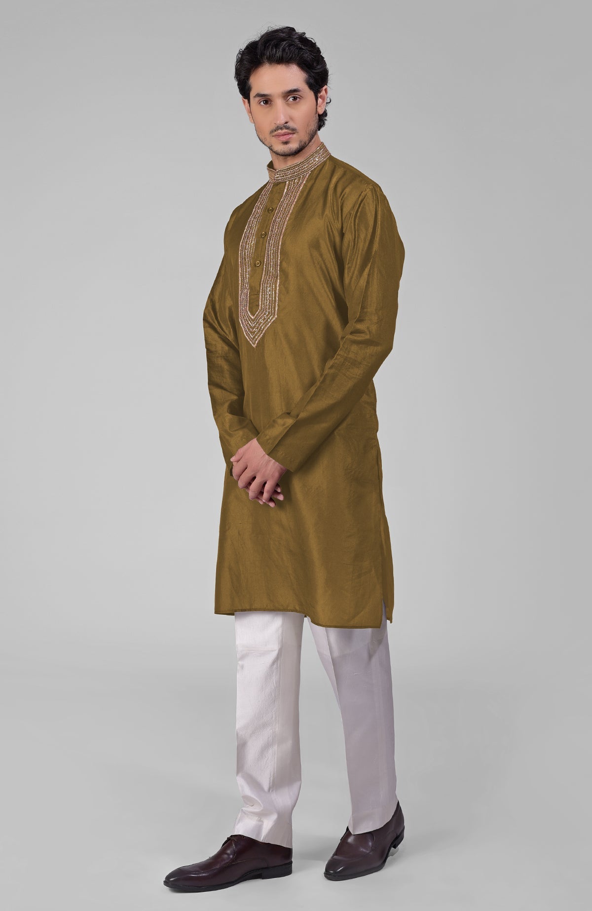 Olive pure silk kurta set with hand embroidered zardozi, beadwork, sequins, and band collar