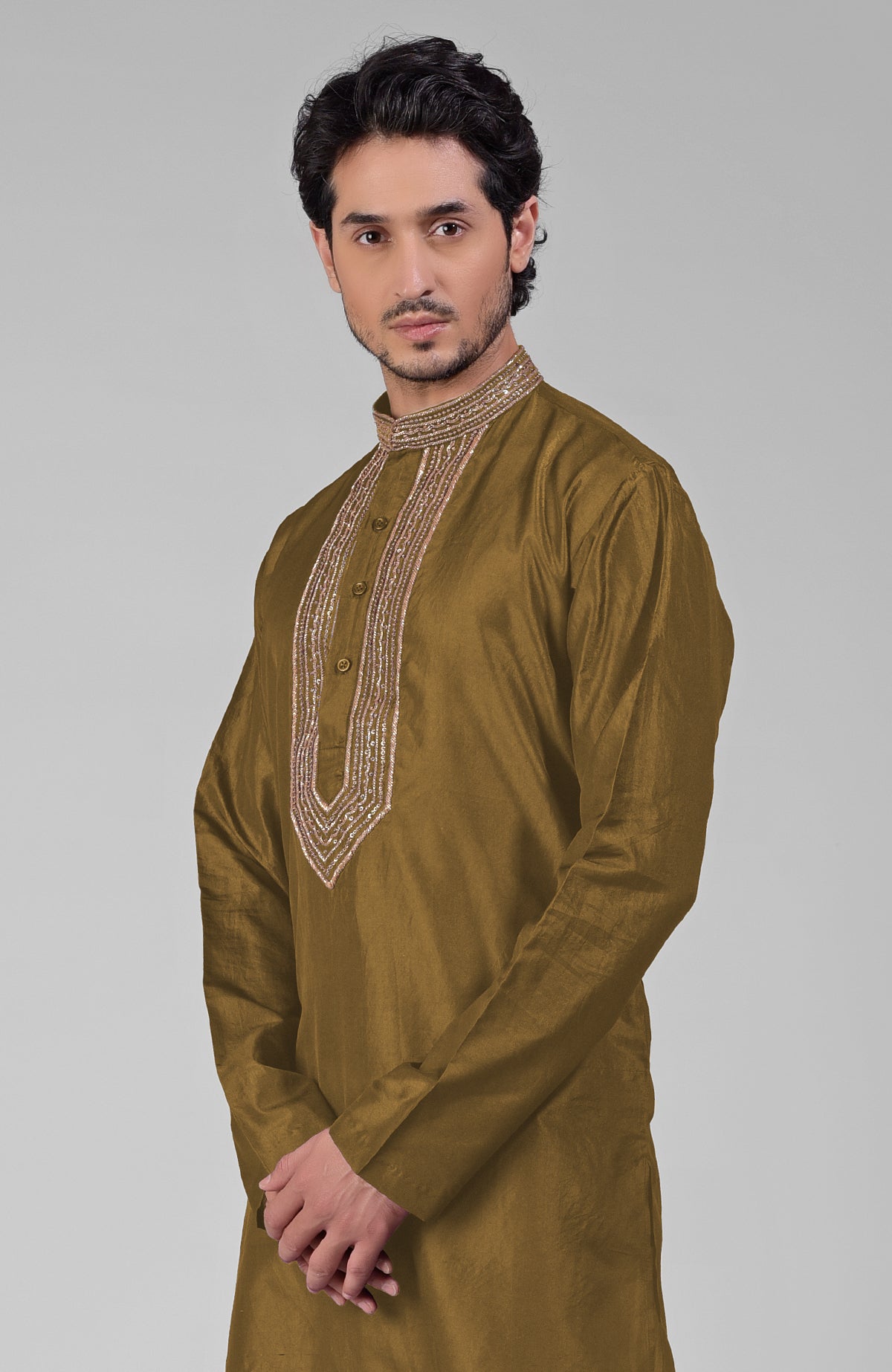Olive pure silk kurta set with hand embroidered beadwork, sequins, and zardosi on placket and collar
