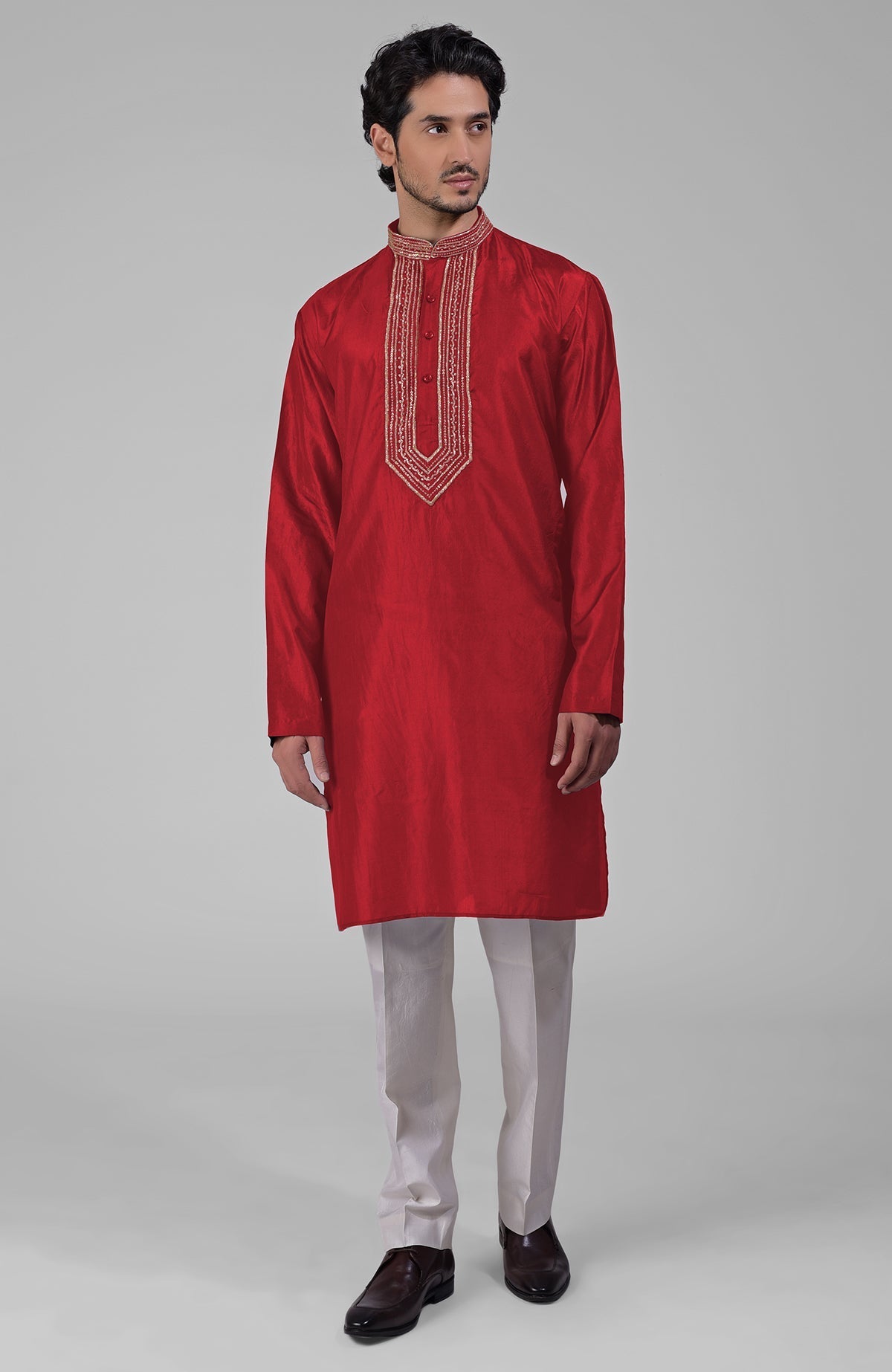 Olive pure silk kurta set with hand embroidered zardozi, beadwork, sequins, and matching pants.