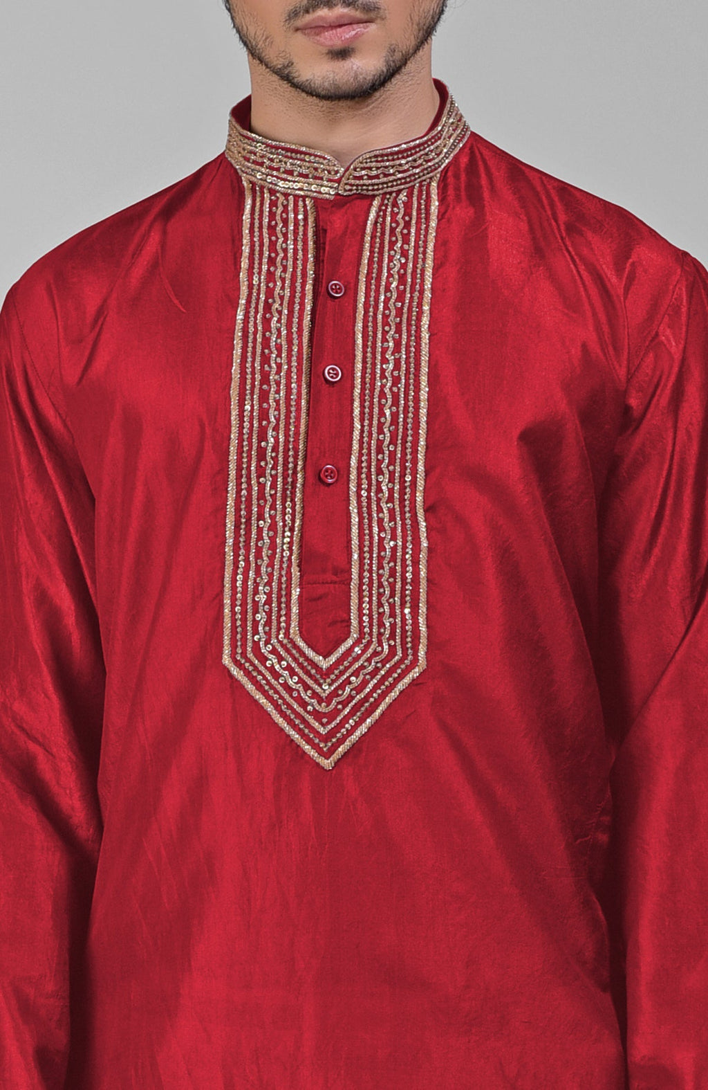 Red pure silk kurta set with hand embroidered zardozi, beadwork, sequins, and matching pants
