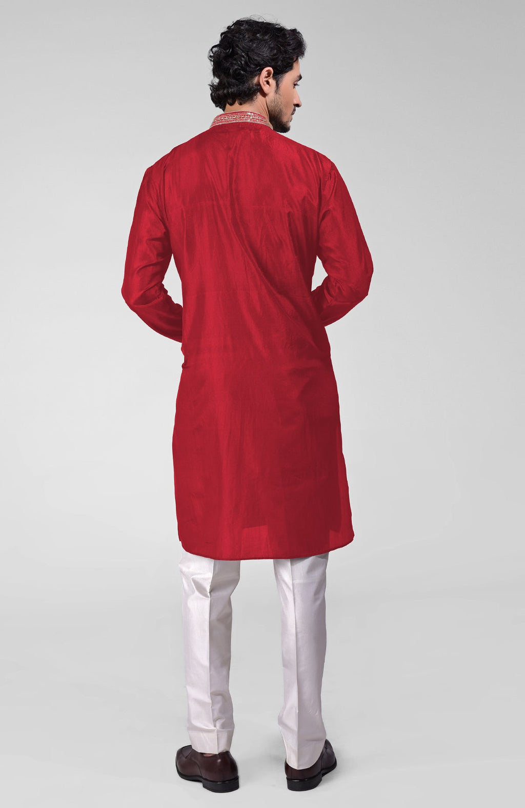 Red pure silk kurta set with hand embroidered zardozi, beadwork, sequins, and matching pants