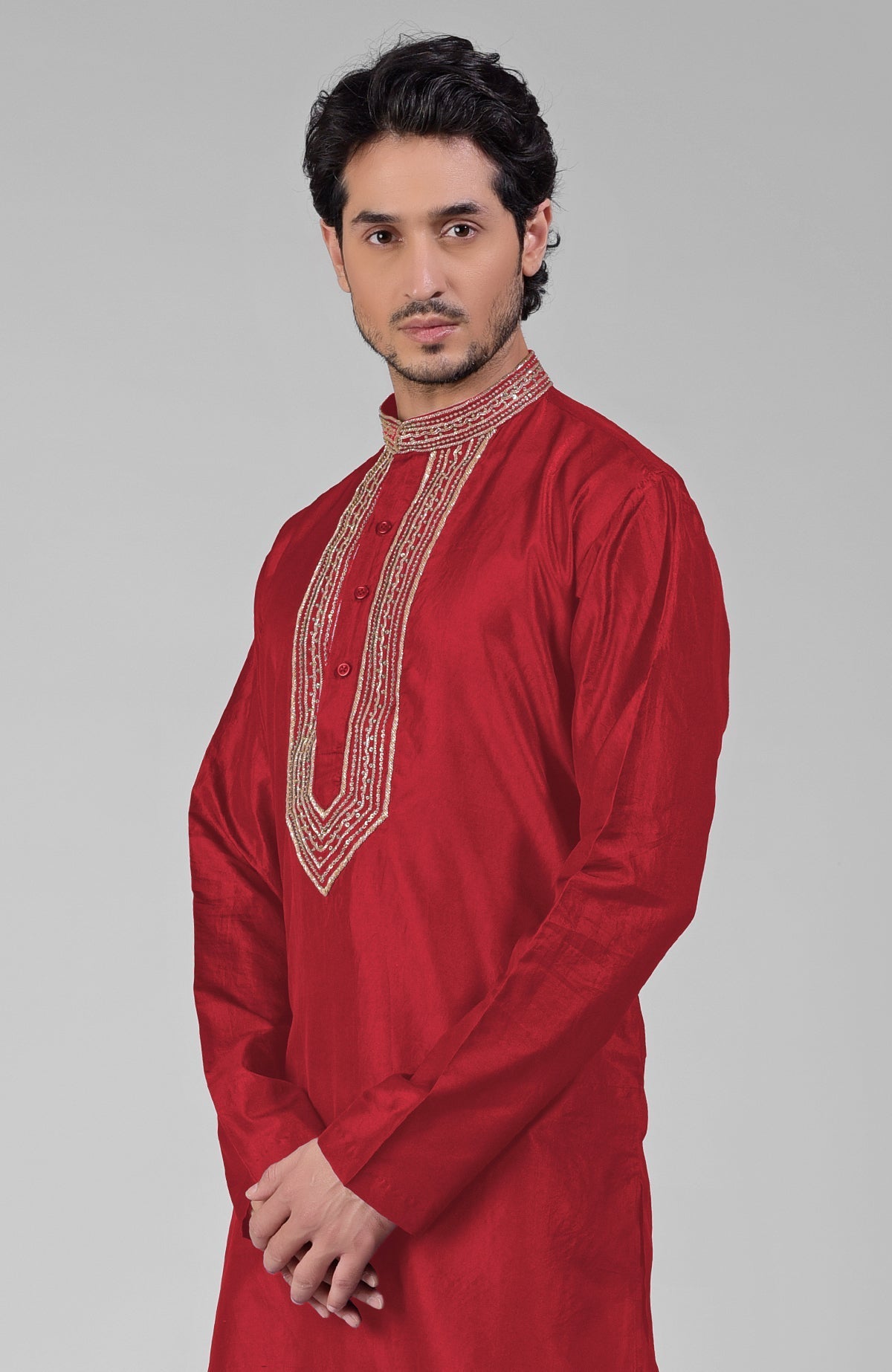 Red pure silk kurta set with hand embroidered zardozi, beadwork, sequins, and matching pants