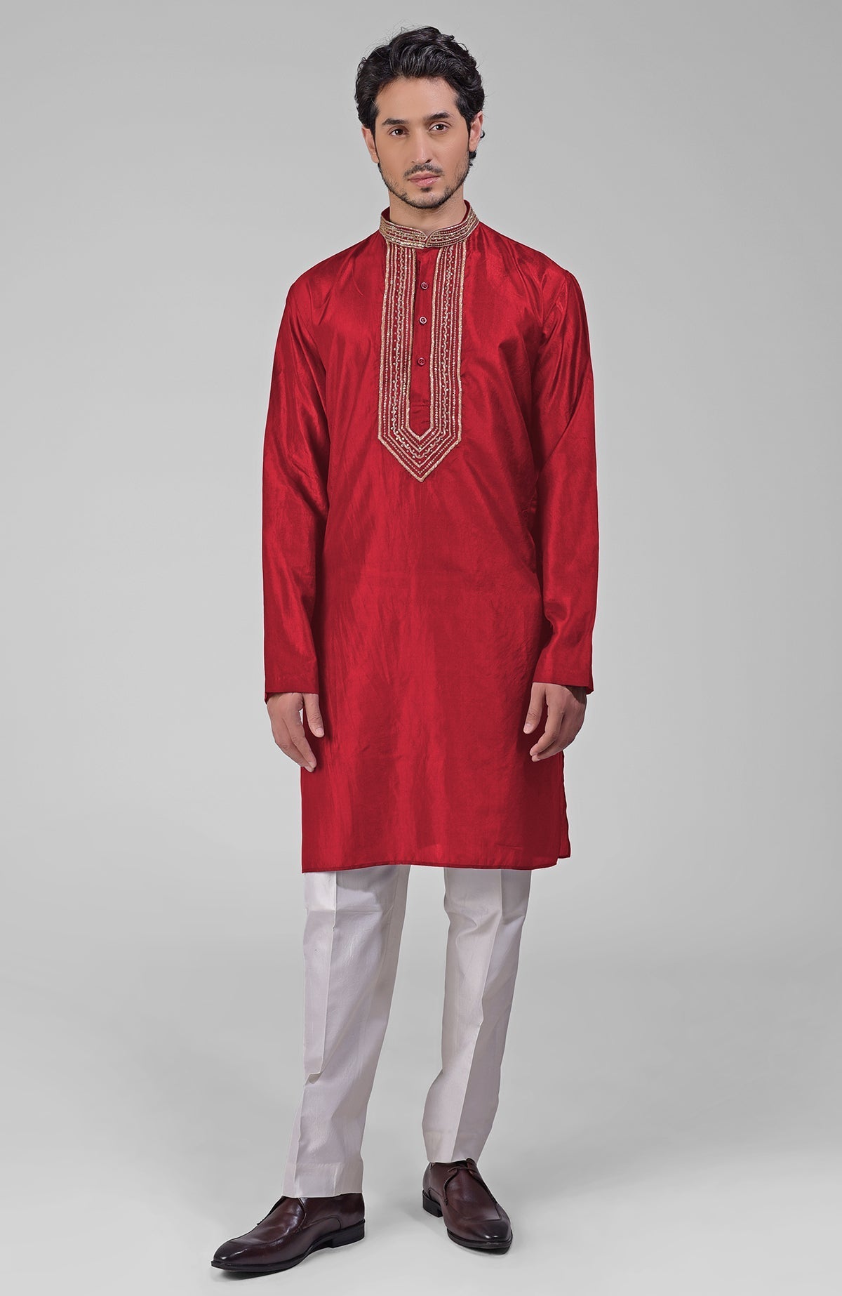 Red pure silk kurta set with hand embroidered zardozi, beadwork, sequins, and matching pants