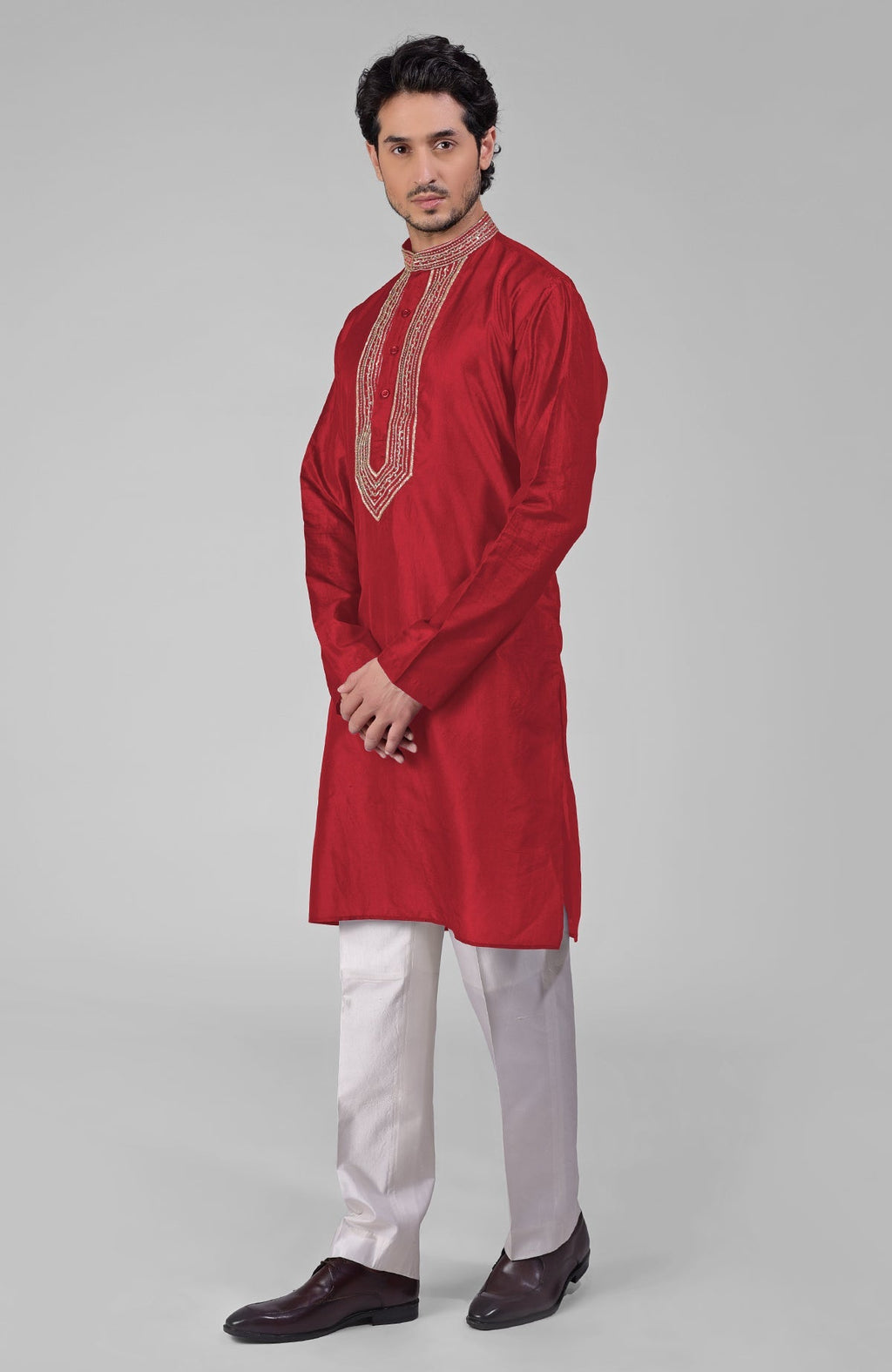 Red pure silk kurta set with hand embroidered zardosi, beadwork, sequins, and matching pants