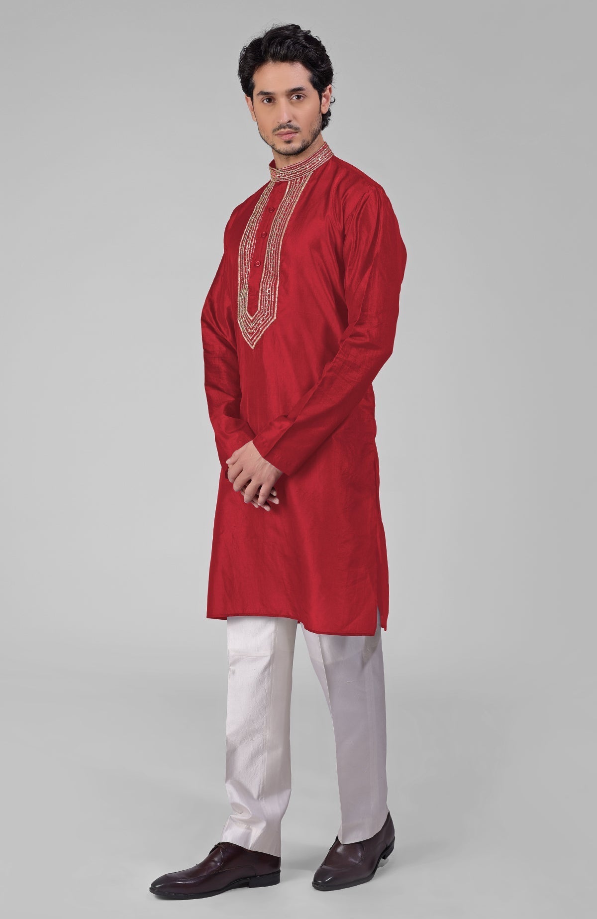 Red pure silk kurta set with hand embroidered zardosi, beadwork, sequins, and matching pants