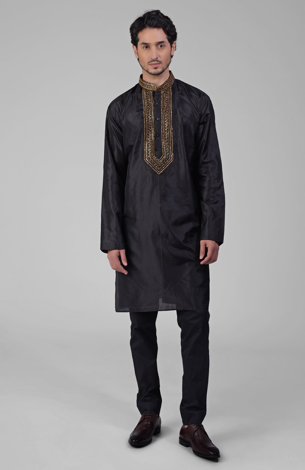 Black pure silk kurta set with zardozi embroidery, beadwork, sequins, and matching pants