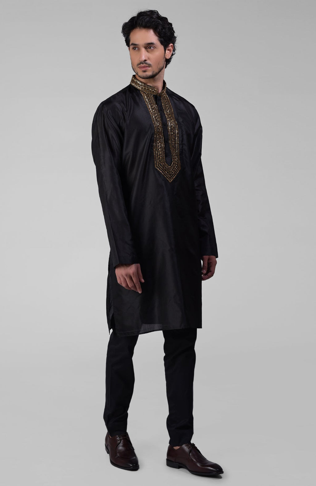 Black silk kurta set with zardozi embroidery, beadwork, sequins, and band collar with matching pants