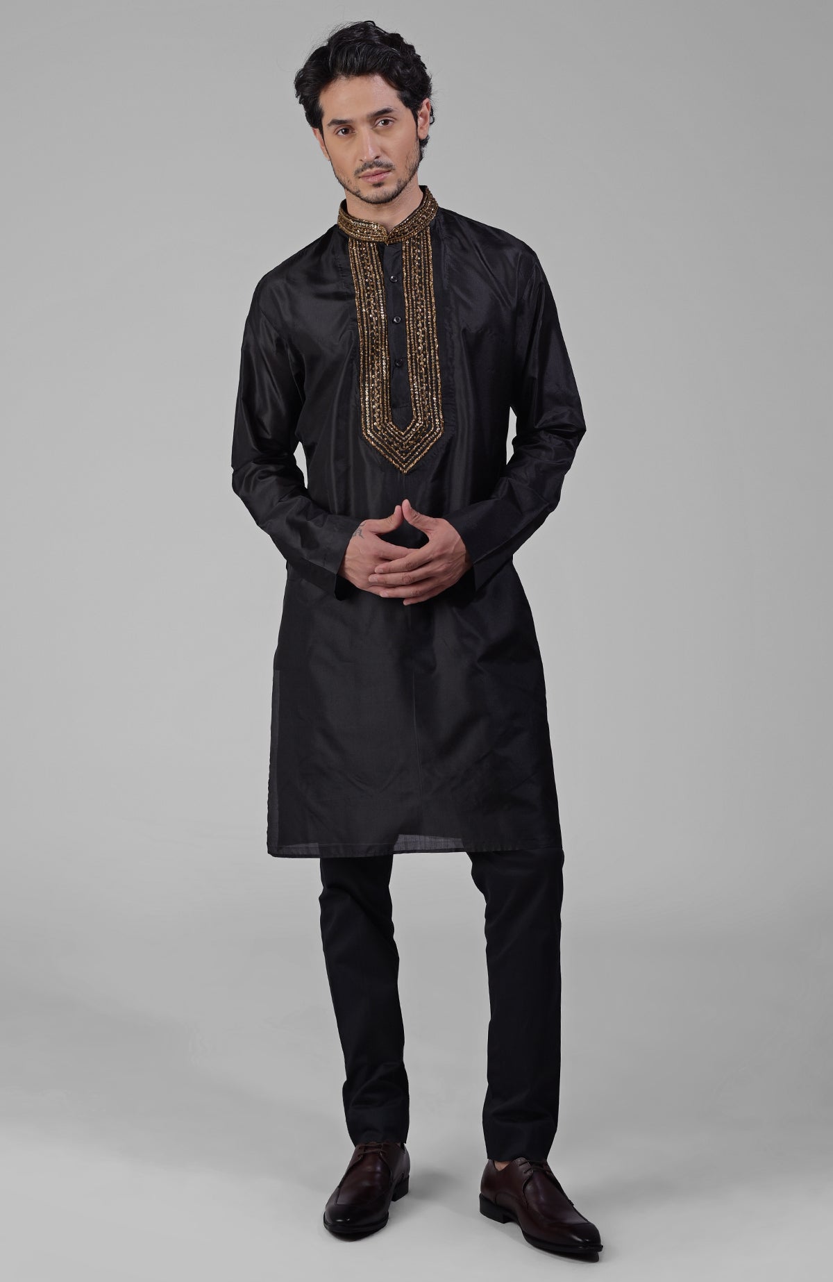 Black pure silk kurta set with zardozi embroidery, beadwork, sequins, and matching pants