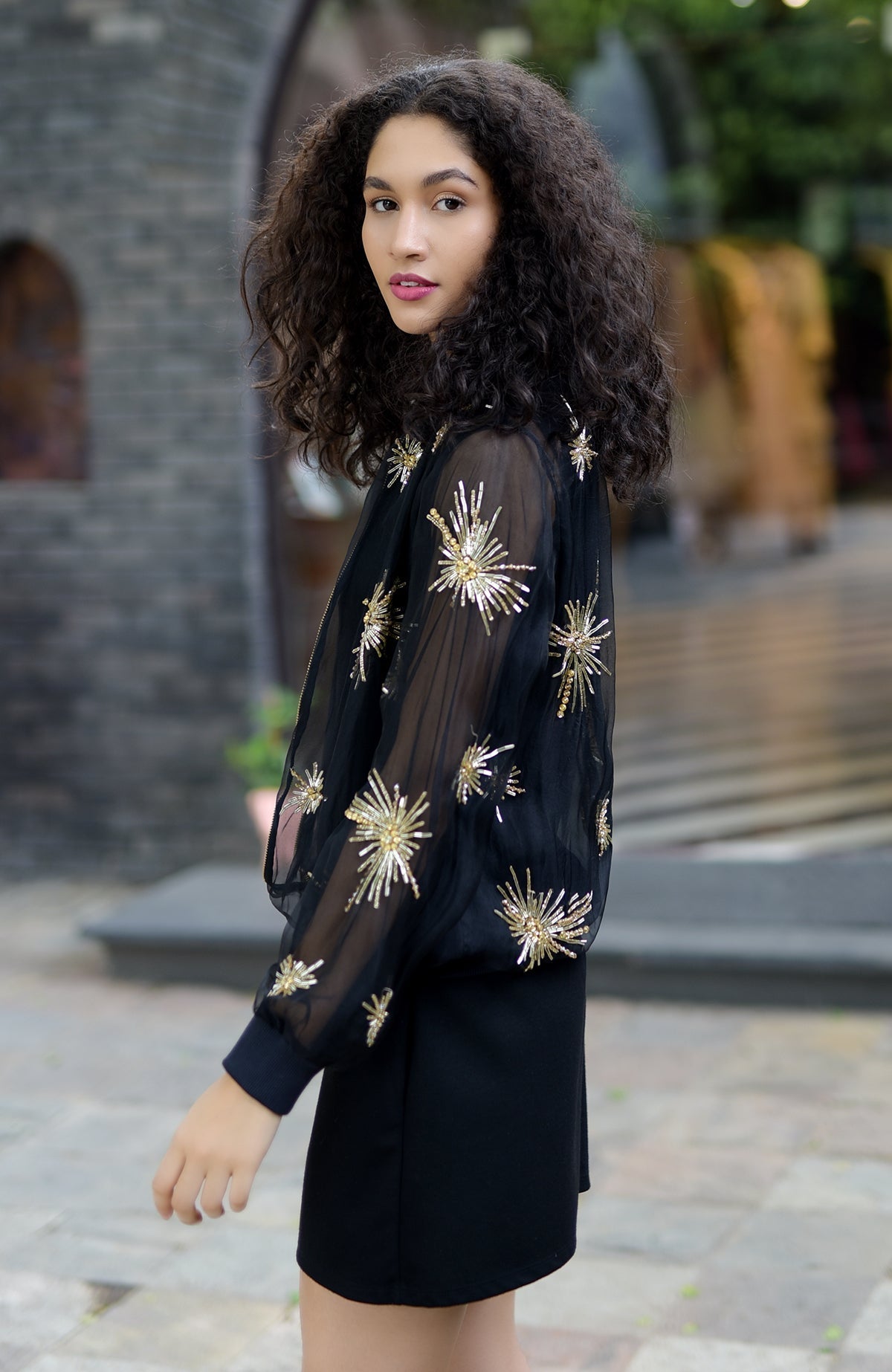 Black silk organza jacket with hand-embroidered starburst beads and sequins design