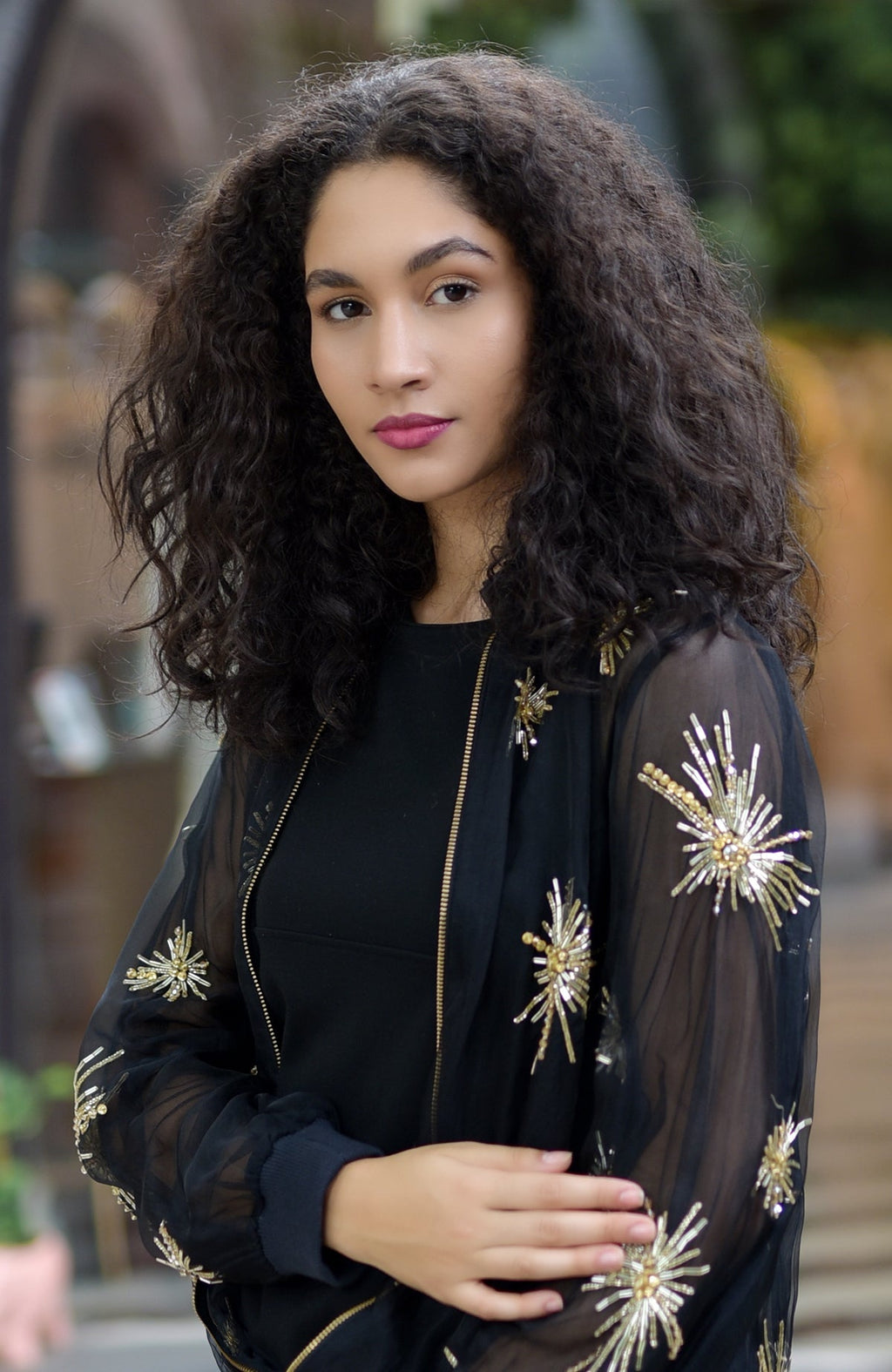 Black silk organza jacket with hand-embroidered starburst beads and sequin detailing