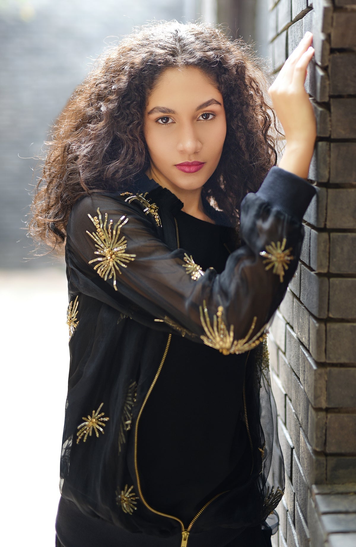 Black silk organza jacket with hand-embroidered starburst beads and sequins design