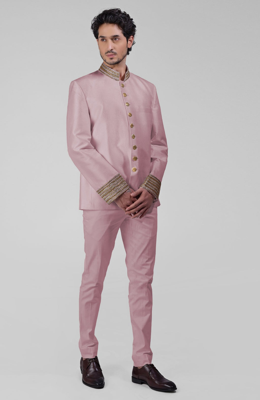 Burnished lilac silk bandhgala jacket with gold zardozi embroidery and golden buttons paired with white pants