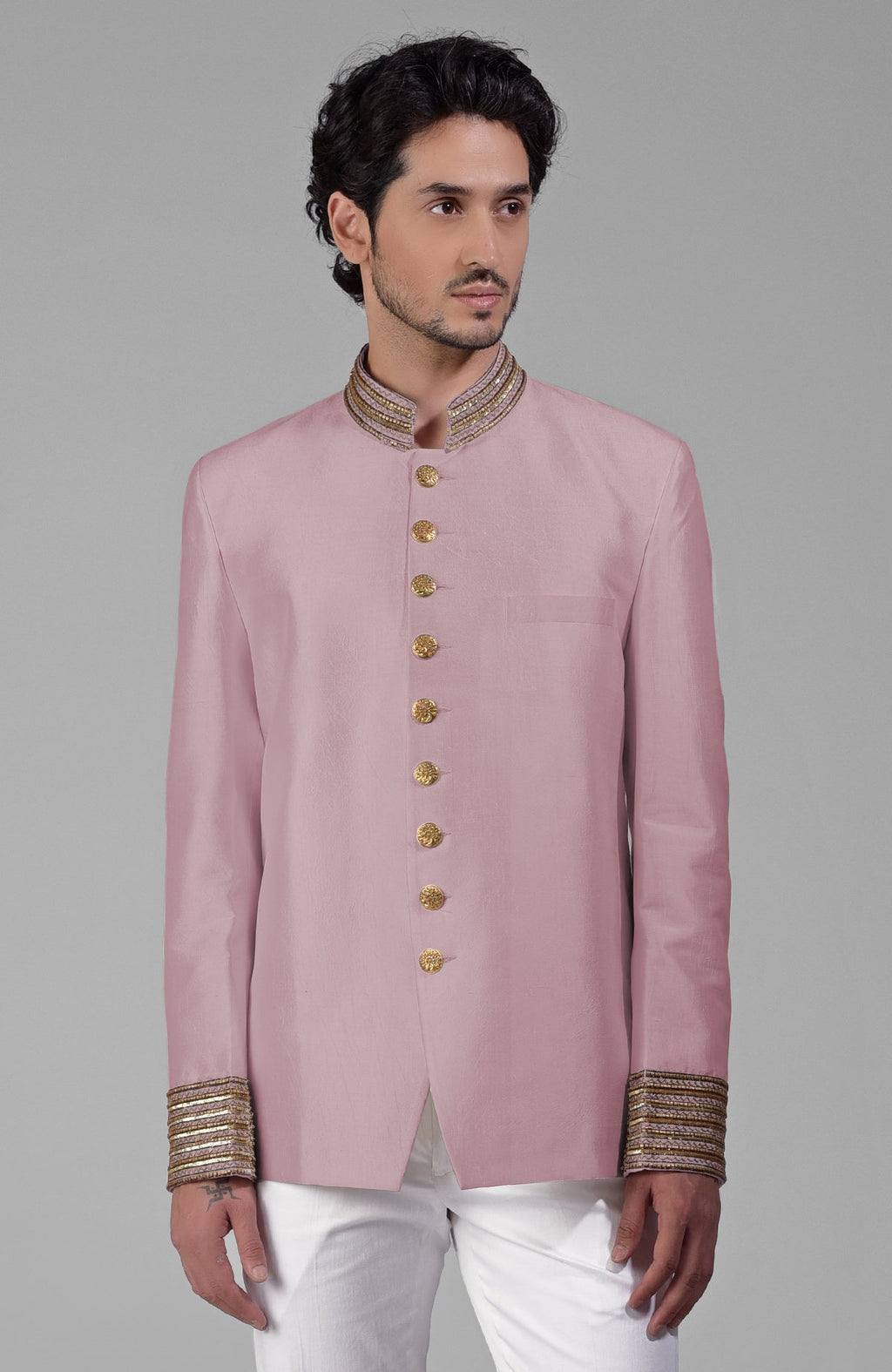 Burnished lilac silk bandhgala jacket with zardozi embroidery and matching tencil cotton pants set