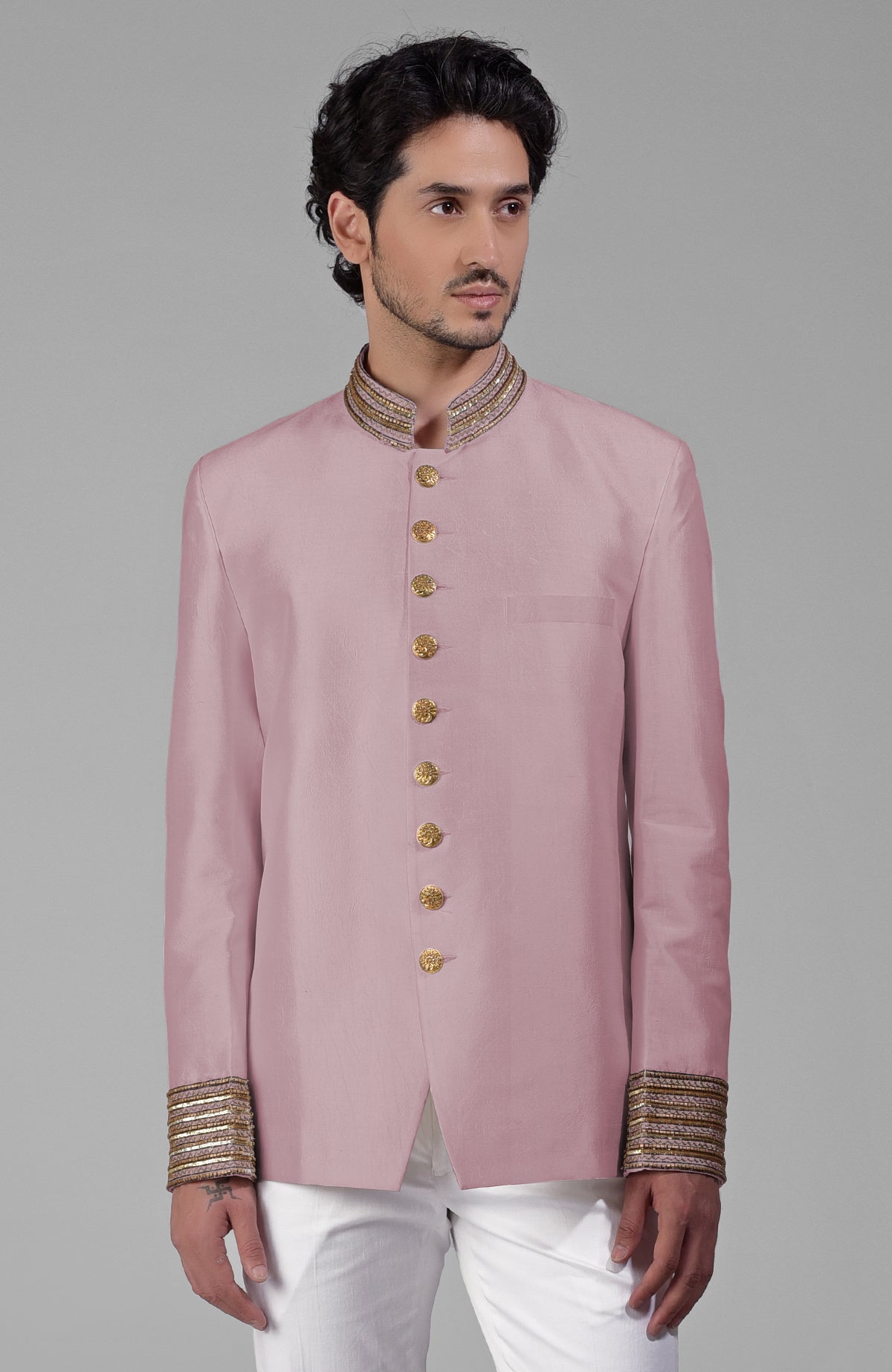 Burnished lilac silk bandhgala jacket with zardozi embroidery and matching tencil cotton pants set