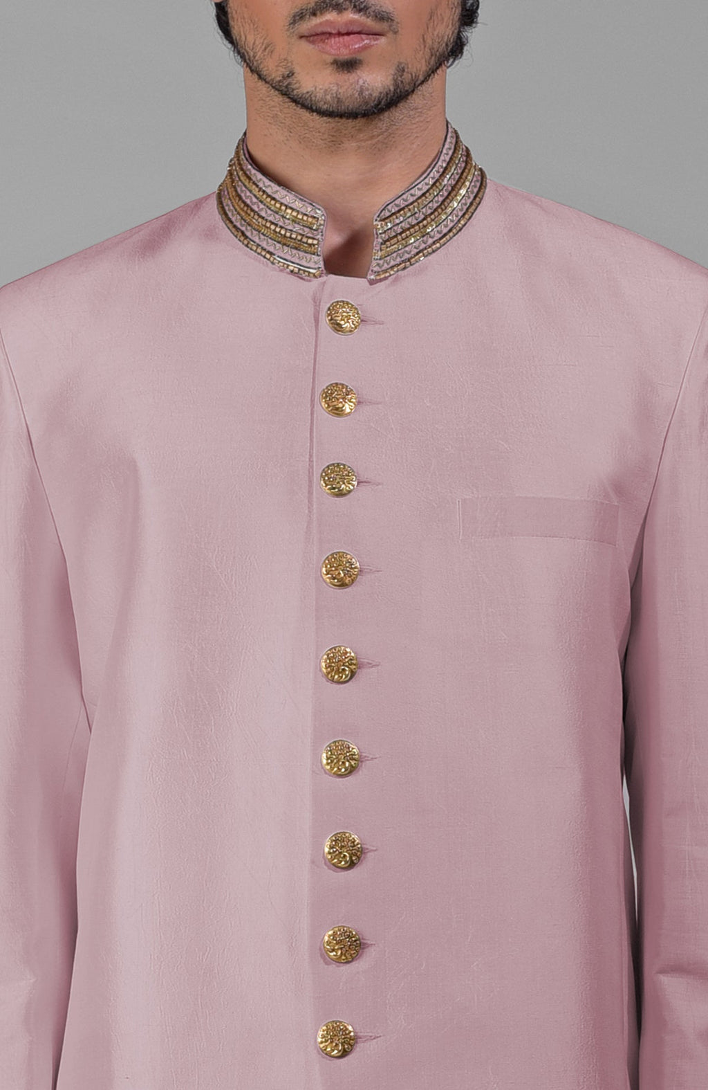 Burnished lilac silk bandhgala jacket with zardozi embroidery and matching tencil cotton pants set