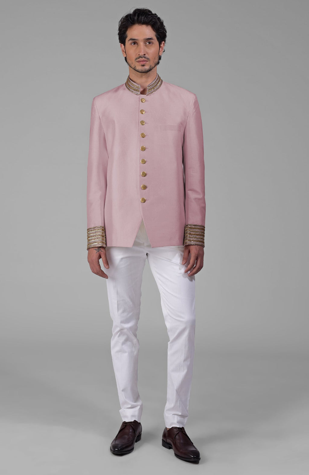 Burnished lilac silk bandhgala jacket with zardozi embroidery and matching tencil cotton pants.