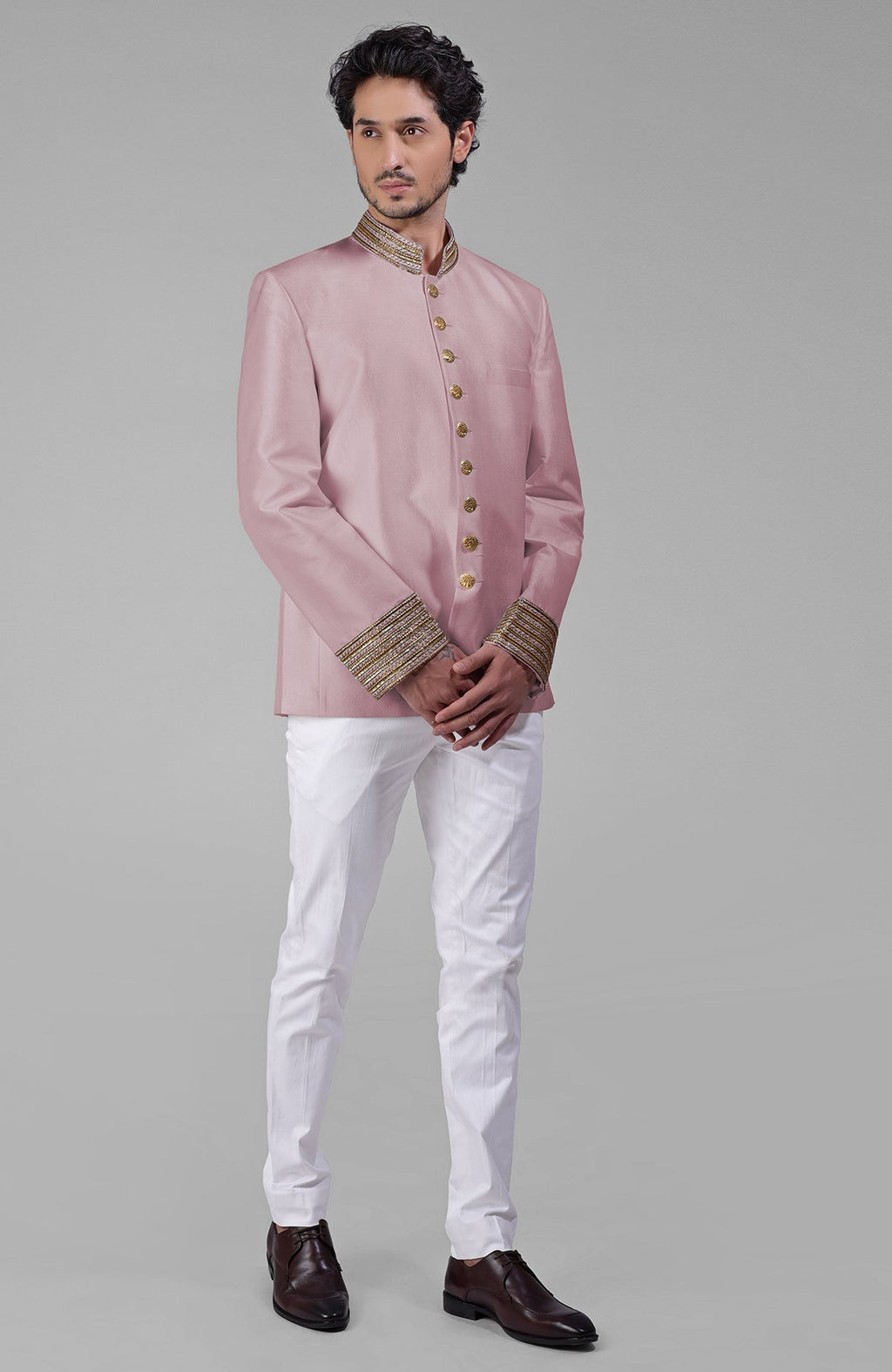 Burnished lilac silk bandhgala jacket with zardozi embroidery and matching tencil cotton pants set