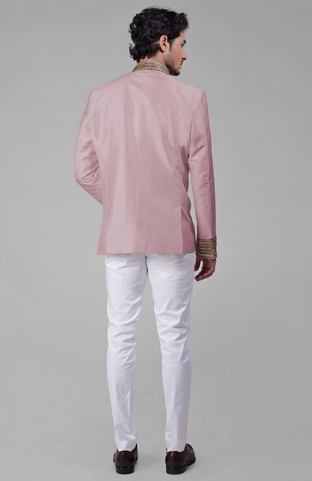 Burnished lilac silk bandhgala jacket with zardozi embroidery and matching tencil cotton pants set