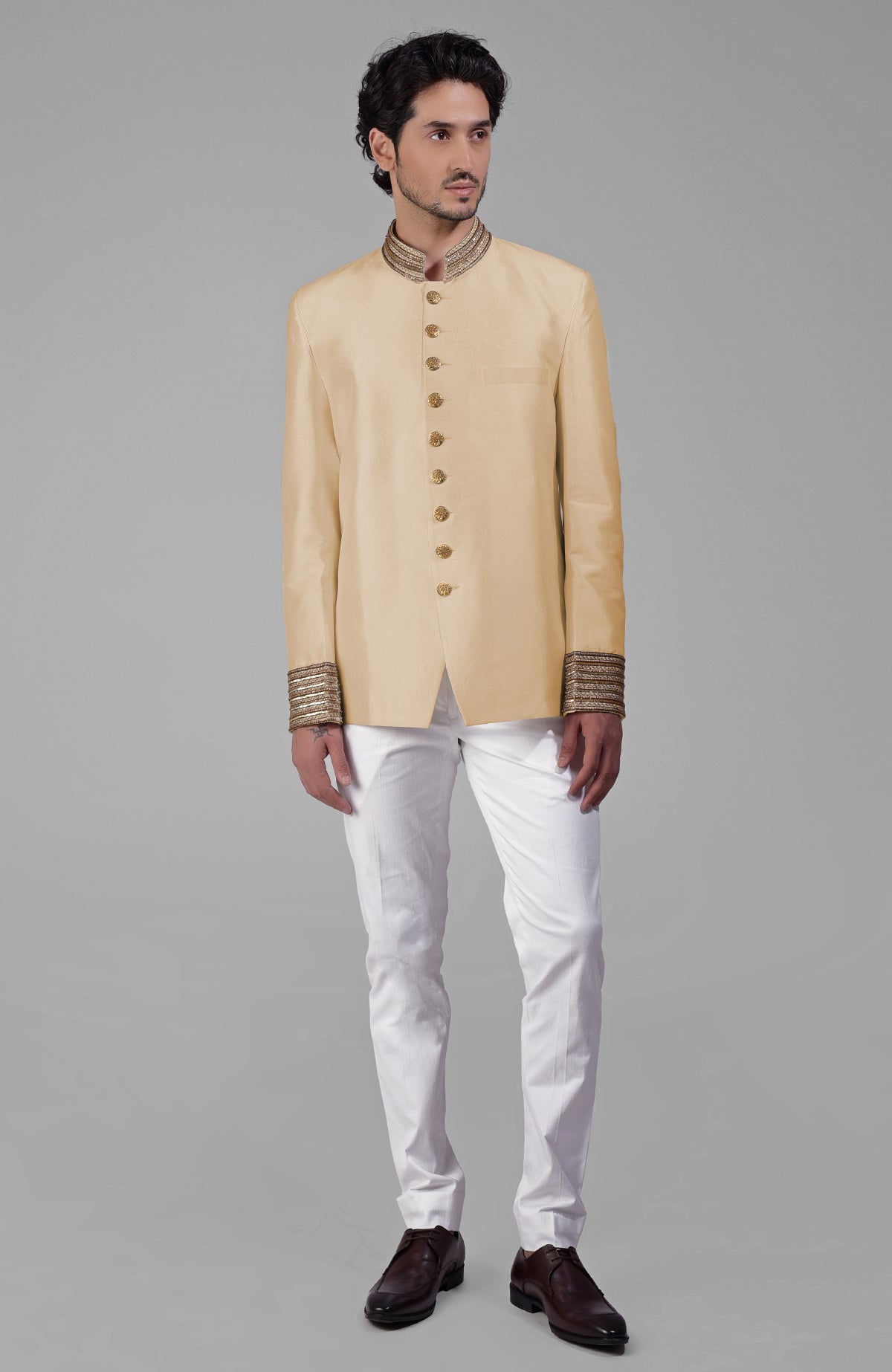 Charcoal grey silk bandhgala jacket with zardozi embroidery and matching tencil cotton pants set