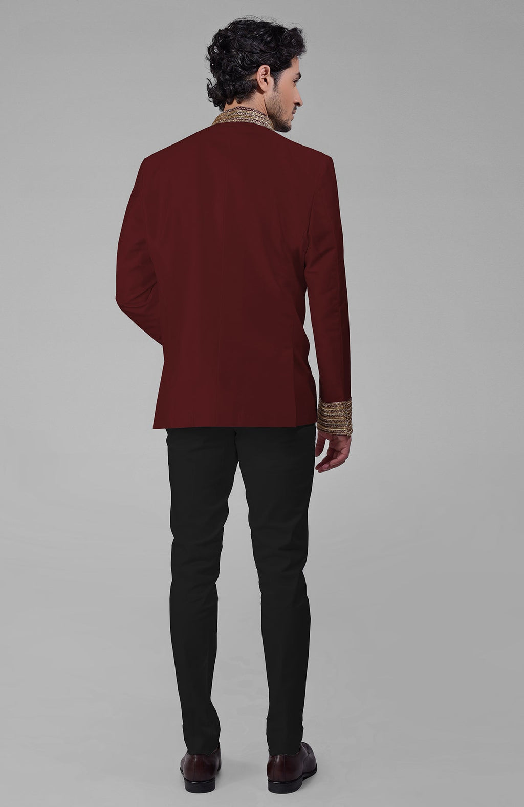 Maroon silk bandhgala jacket with zardozi embroidery and matching tencil cotton pants set