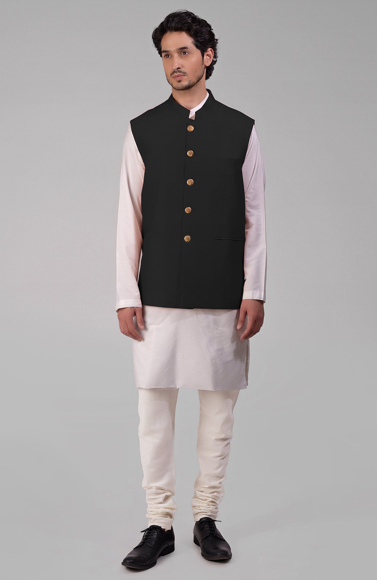 Gossamer green pure raw silk waistcoat bandi jacket with gold peacock button closure