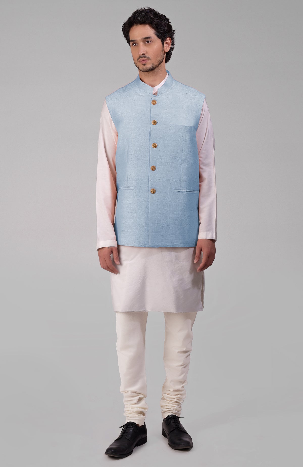 Peach pure raw silk waistcoat bandi jacket with gold peacock button closure and clean lines