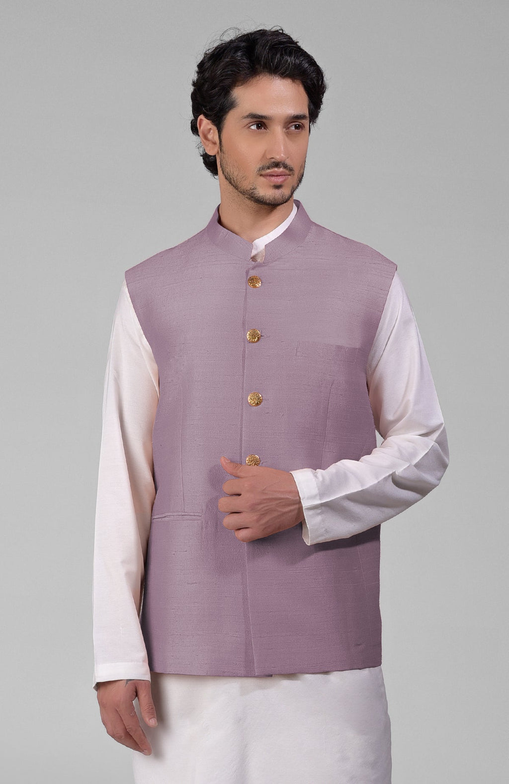 Elderberry pure raw silk waistcoat bandi jacket with gold peacock emblem buttons and clean lines