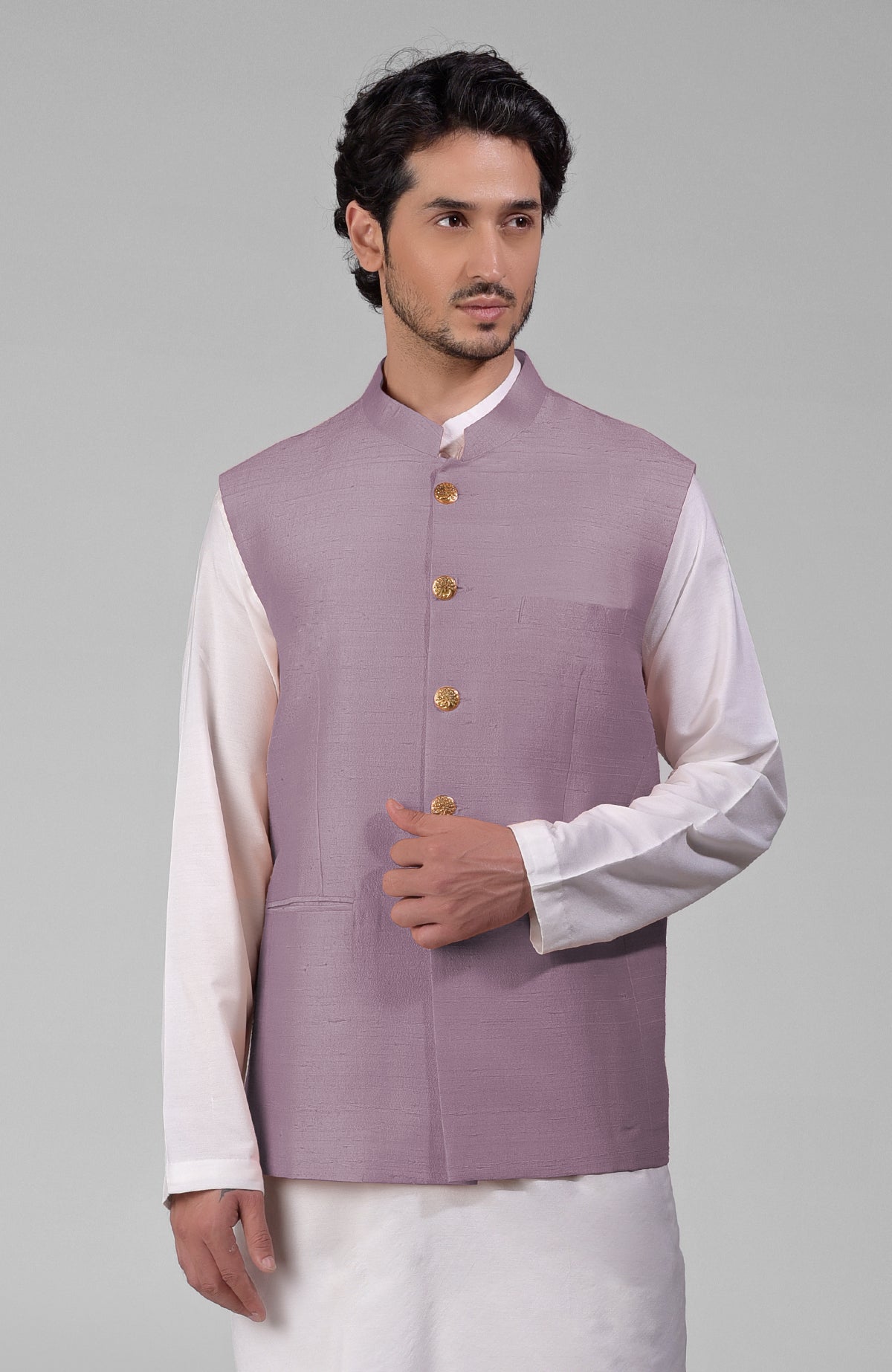 Elderberry pure raw silk waistcoat bandi jacket with gold peacock emblem buttons and clean lines