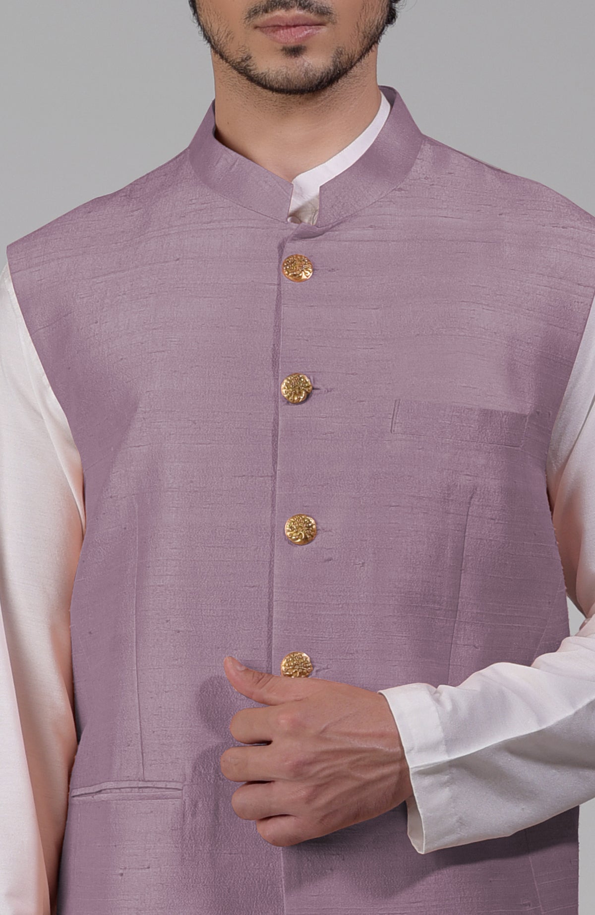Elderberry raw silk waistcoat bandi jacket with gold peacock emblem buttons and clean lines