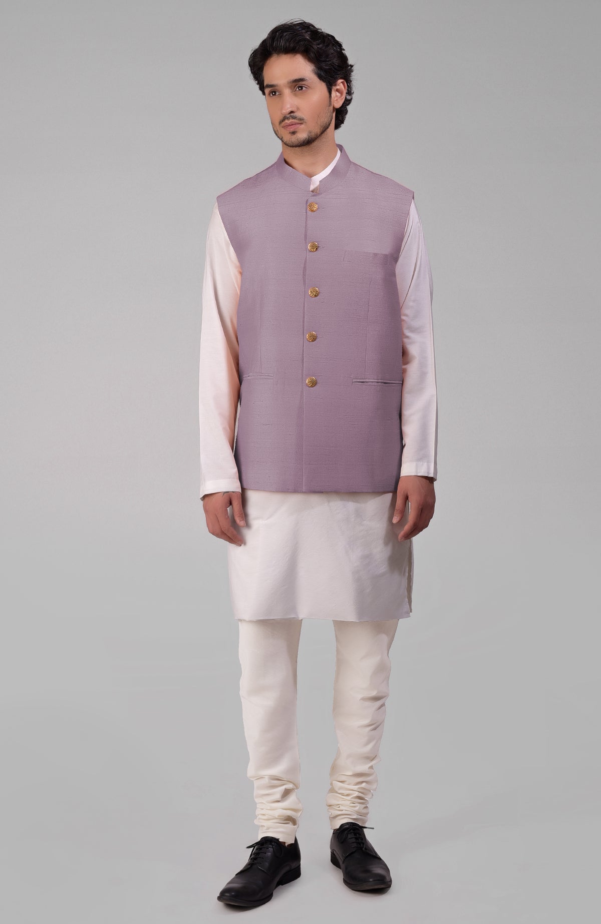 Red pure raw silk waistcoat bandi jacket with gold peacock emblem buttons and clean lines