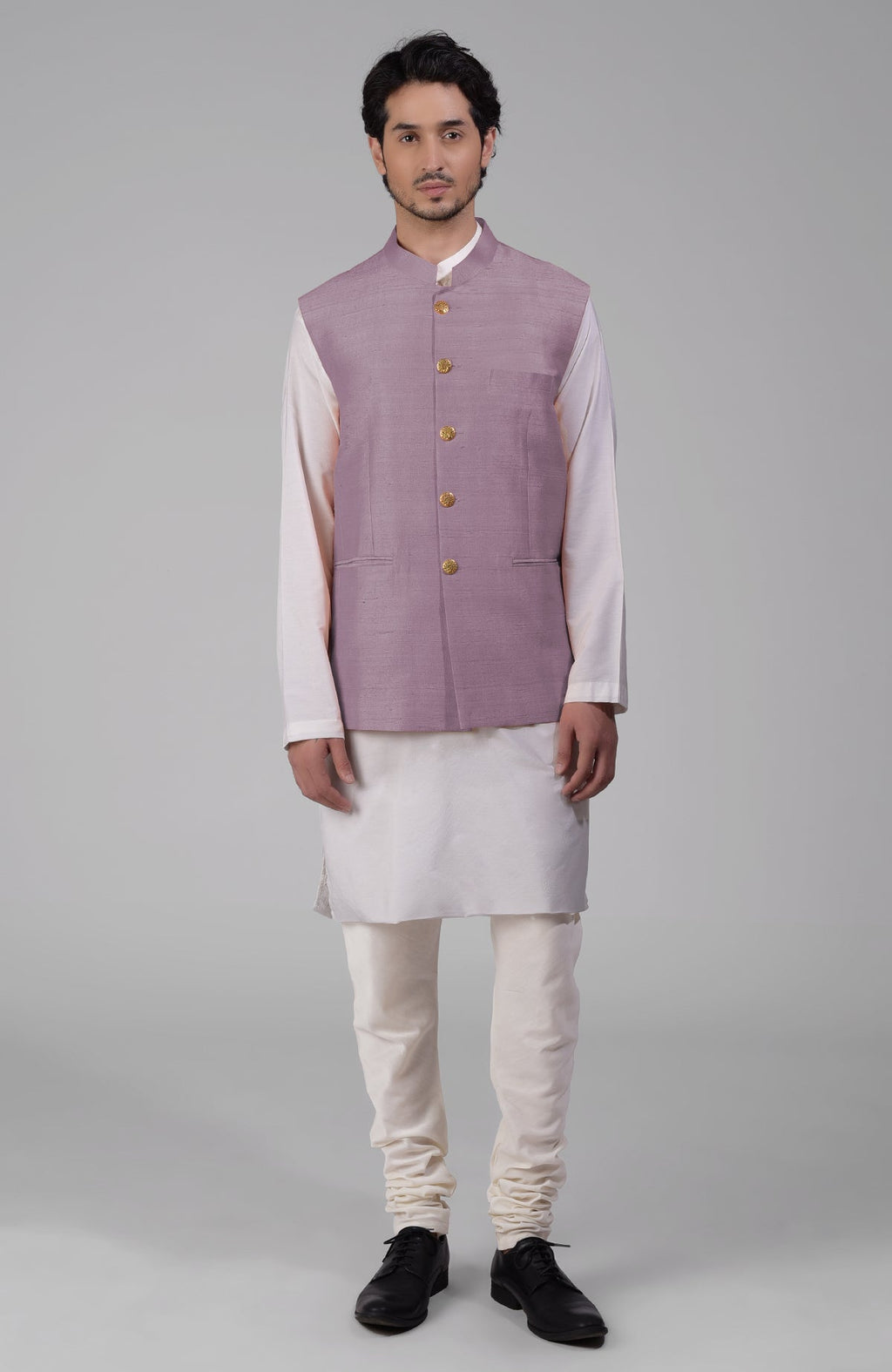 Elderberry raw silk waistcoat bandi jacket with gold peacock emblem buttons and clean lines