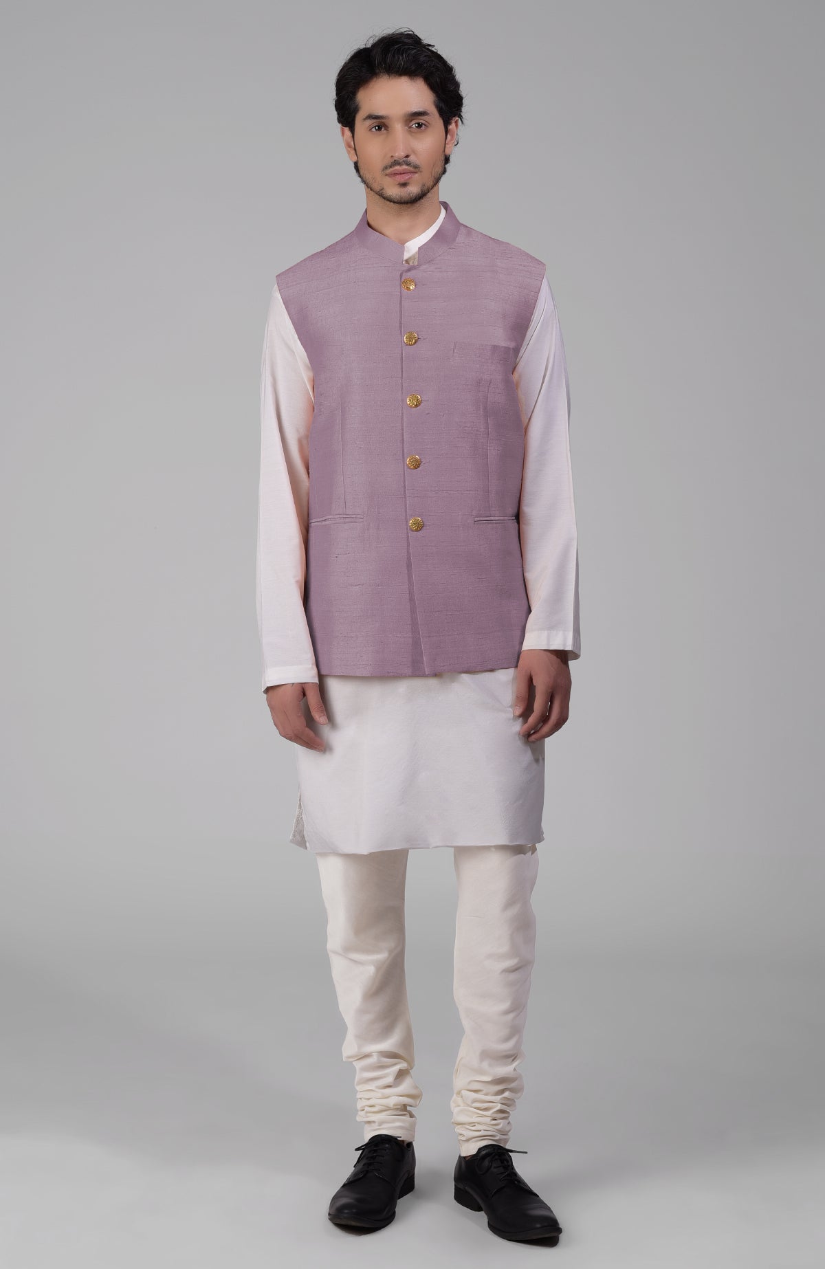 Elderberry raw silk waistcoat bandi jacket with gold peacock emblem buttons and clean lines