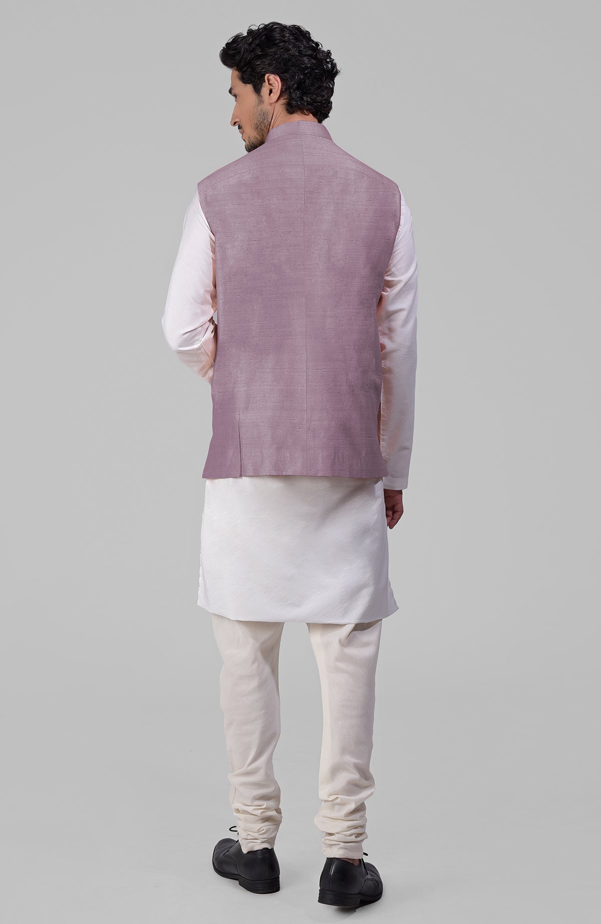 Elderberry pure raw silk waistcoat bandi jacket with gold peacock button closure and clean lines
