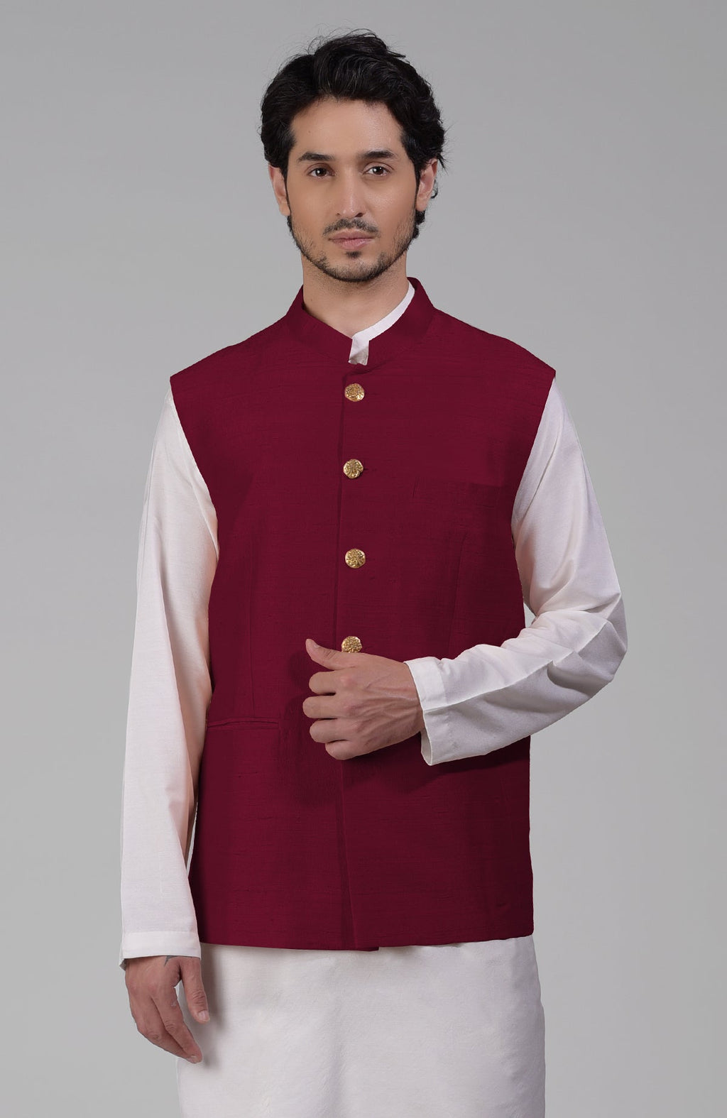 Red pure raw silk waistcoat bandi jacket with gold peacock emblem buttons and clean lines