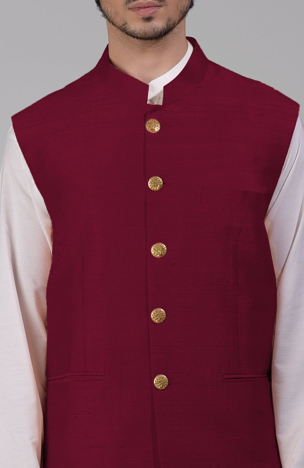 Red pure raw silk waistcoat bandi jacket with gold peacock emblem buttons and clean lines